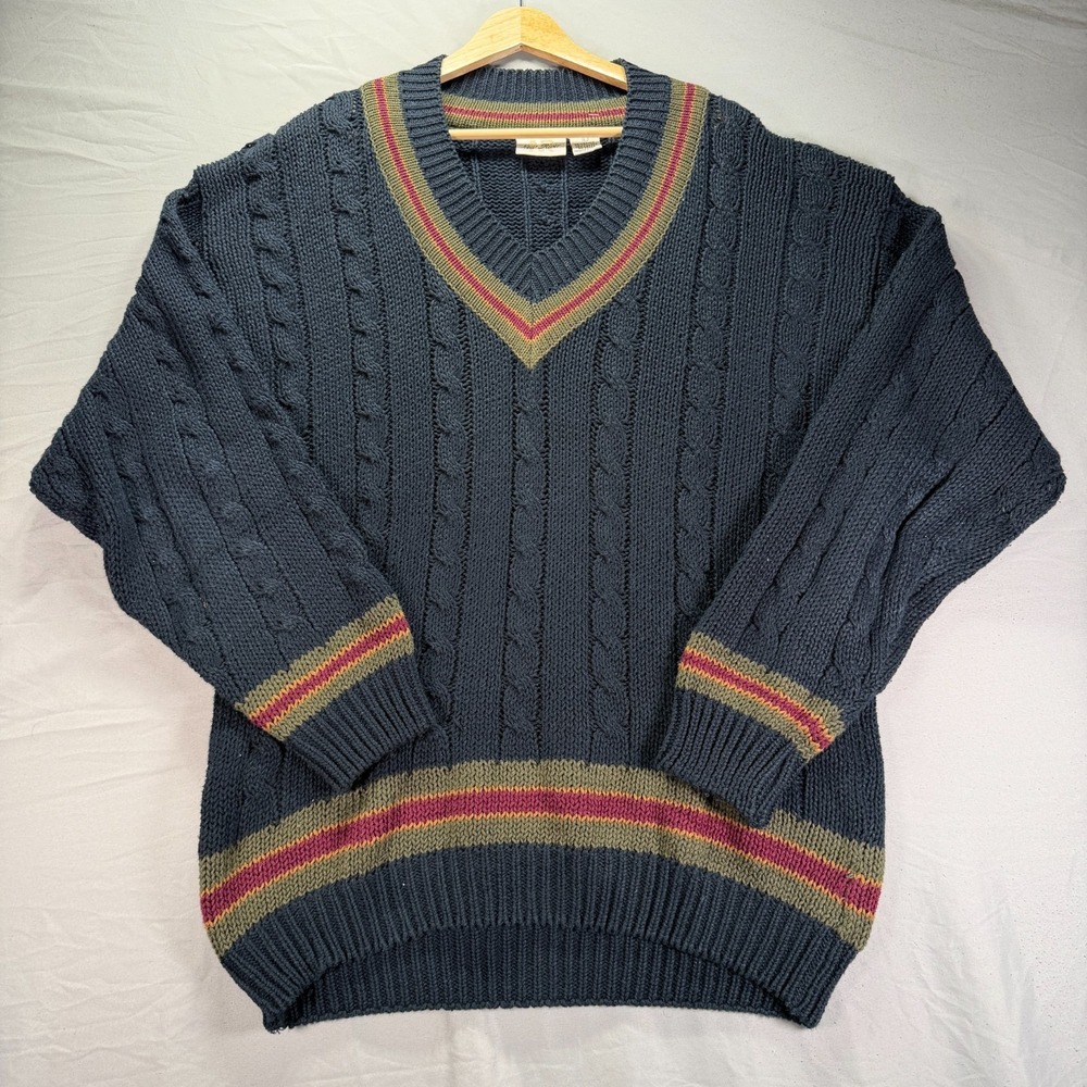 Vintage Cable Knit Tennis Sweater Mens Large Preppy Ivy League Criquet Blue 90s